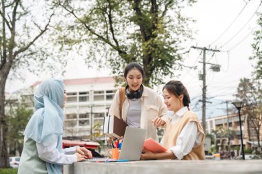 Açık havada birlikte çalışan, fikirleri paylaşan ve eğitim ortamında dizüstü bilgisayar ve kitaplarla eğitim gören çeşitli bir üniversite öğrencisi grubu..