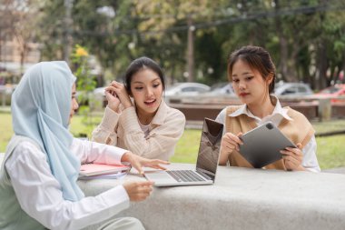 Çeşitli üniversite öğrencilerinden oluşan bir grup, park benzeri bir ortamda dizüstü bilgisayar ve tablet kullanırken fikir alışverişinde bulunuyorlar..