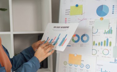 Türbanlı kadın muhasebeci, modern ofis ortamındaki bir sunum panosundaki bar çizelgesini yakından analiz eder..