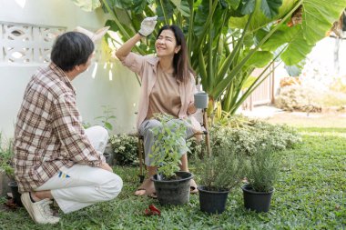 Güneşli arka bahçelerinde neşe içinde bahçeyle uğraşan, saksı bitkileriyle uğraşan ve birbirlerine eşlik eden farklı bir çift..