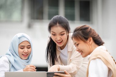 Aralarında tesettürlü Müslüman bir kadının da bulunduğu çeşitli bir grup kız öğrenci, açık hava ortamında bir dizüstü bilgisayarla işbirliği içinde ve birlikte öğreniyorlar..