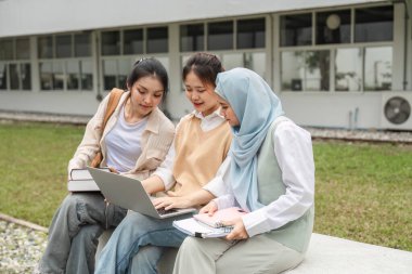 Bir grup farklı öğrenci bir üniversite kampüsünde otururken dizüstü bilgisayar ve çalışma materyalleri kullanarak birlikte çalışıyor..