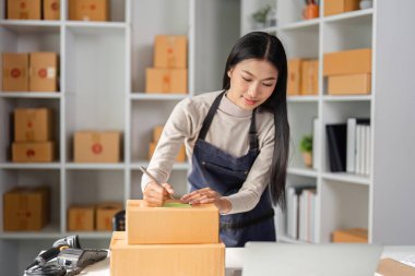 Modern ofisinde envanterle dolu bir ofiste masasında çalışırken kalemle paketlere etiket yapıştıran bir iş kadını..