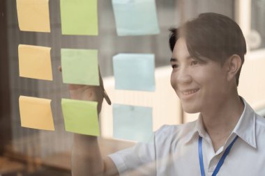 Genç bir işadamı, modern bir ofiste etkili proje yönetimine odaklanarak cam bir duvara renkli yapışkan notlar yerleştirirken gülümsüyor..