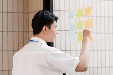 Genç bir işadamı cam bir duvarda renkli yapışkan notlar düzenliyor, çağdaş bir ofis alanında proje planlamasına odaklanıyor..