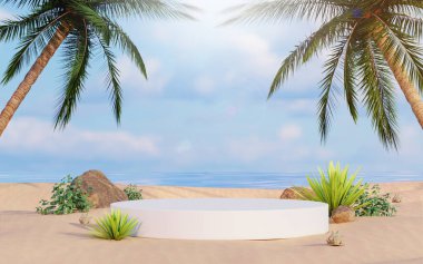 Bereketli bitkiler ve palmiyelerle çevrili dairesel bir ekran alanı içeren canlı bir sahil manzarası, yaz etkinlikleri için mükemmel..