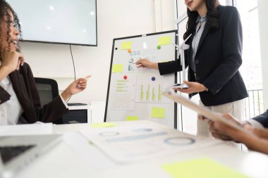 Bir ekip, bir beyaz tahtada sunulan sürdürülebilir kalkınma hedeflerini analiz ederek ESG girişimleri hakkında bir tartışmaya girişiyor..