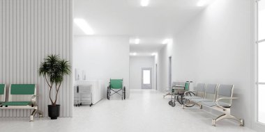 Görsel olarak çekici, yeşil aksanlı ve modern mobilyalı bir hastane bekleme alanı. Tıbbi tesis projeleri için mükemmel..