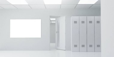 Yenilikçi tıbbi tasarımlar veya markalaşma için uygun modern bir sağlık odasında dolaplar ve büyük boş bir duvar sergileniyor..