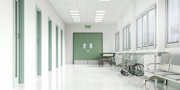 Просторный больничный коридор с успокаивающей зеленой цветовой гаммой и современными креслами ожидания, идеально подходит для дизайна и планирования.