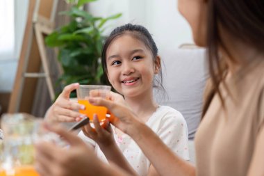 Bir anne ve kız sağlıklı beslenmenin, taze meyve sularının ve salataların tadını çıkarmanın, refahı ve aile bağlarını geliştirmenin keyfini çıkarır..