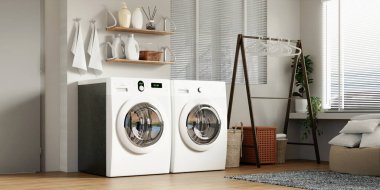 Modern bir ev ve yaşam tarzı için ideal, pratik çamaşır makineleri içeren çağdaş bir çamaşır odası tasarımı..