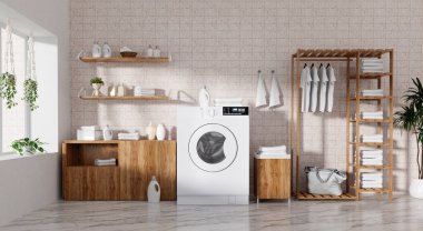 Temiz bir ortamda şık raflar, modern çamaşır makineleri ve minimalist dekorun yer aldığı düzenli bir ev çamaşırhanesi..