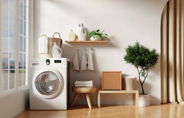 Düzenli raflar, şık dekorlar ve verimli çamaşır makineleri sergilenen modern bir ev çamaşırhanesi..