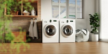 Parlak beyaz çamaşır makineleri ve pratik yaşam için modern estetiği olan güzel tasarlanmış bir ev çamaşırhanesi..