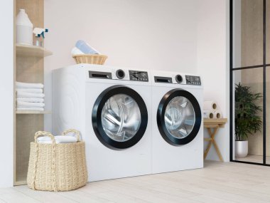 Zarif bir çamaşır makinesi, organize bir raf ve modern yaşam için temiz, minimalist bir tasarım içeren verimli bir çamaşır odası..