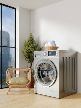 Modern çamaşır makineleri ve şık iç malzemelerin sergilendiği çağdaş bir ev çamaşırhanesi. Ev dekorasyonu için mükemmel bir ilham kaynağı..