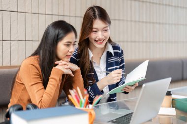 İki arkadaş, sıcak ve davetkar bir çalışma ortamında öğrenme deneyimlerini geliştirmek için bir dizüstü bilgisayar ve not defteri kullanarak görevlerinde işbirliği yapıyorlar..