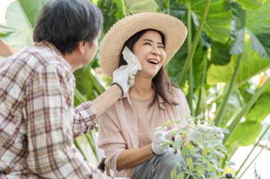 Yaşlı bir Asyalı kadın, yemyeşil bahçeyle çevrili bahçelerini severek seyrederken partnerlerinin yüzüne dokunuyor..
