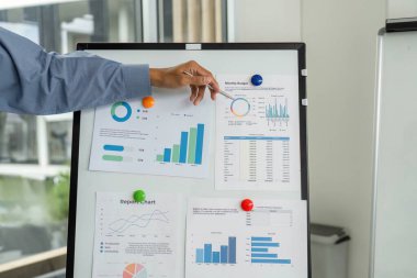 Bir işadamı, kurumsal bir ortamda finansal planlama ve stratejiyi vurgulayarak, sunum tahtasında önemli ölçümleri vurguluyor.