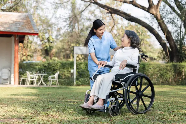 Tekerlekli sandalyedeki bir hemşire ve yaşlı hasta bahçenin huzurunun tadını çıkarıyorlar. Dışarıdaki huzurlu ortamlarda bakım ve arkadaşlığın tadını çıkarıyorlar..