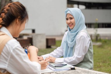 Başörtüsü takan bir kız öğrenci, bir arkadaşıyla dışarıda çalışırken sıcak bir şekilde gülümsüyor. Kampüste arkadaşlığı ve işbirliğini ön plana çıkarıyor..
