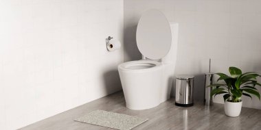 Gösterişli bir tuvalet, şık bir atık kutusu ve zarif bir dekorun yer aldığı çağdaş bir banyo sahnesi, iç mimari projeler ve ev yenilemeleri için mükemmel..