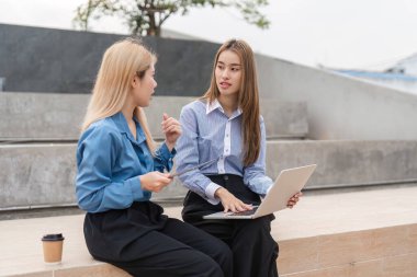 İki farklı kadın, açık hava ortamında dizüstü bilgisayar üzerinde çalışırken, yaratıcılığı ve takım çalışmasını teşvik ederek ortak bir tartışmaya giriştiler..
