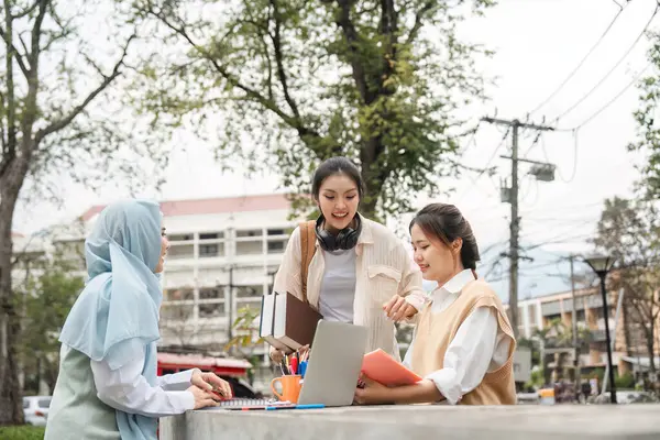 Açık havada birlikte çalışan, fikirleri paylaşan ve eğitim ortamında dizüstü bilgisayar ve kitaplarla eğitim gören çeşitli bir üniversite öğrencisi grubu..