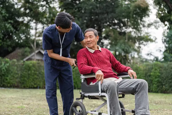 Sadık bir bakıcı, tekerlekli sandalyedeki yaşlı bir adamla özenli bir şekilde iletişim kuruyor, yemyeşil bir bahçede bakım ve bağlantı kuruyor..