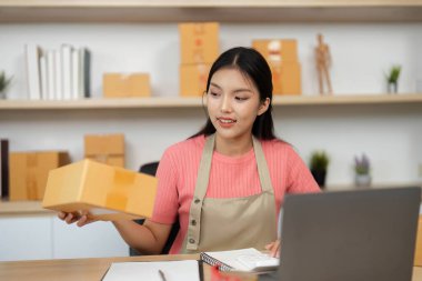 Neşeli bir girişimci, küçük bir iş ortamında dizüstü bilgisayarı üzerinde çalışırken paket ve notlarla ilgilenir..