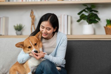 Bir kadın sevgiyle Corgisini kucaklar, sıcak ve davetkar bir oturma odasında güçlü bağlarını gösterir..
