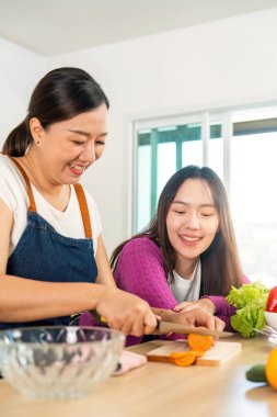 İki kadın, modern bir mutfakta sebze doğrarken, sağlıklı beslenme ve yaşam tarzını desteklerken, aynı zevki paylaşıyorlar..