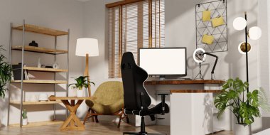 Konfor ve verimlilik için tasarlanmış, ergonomik mobilyalar ve zarif dekorlar sergilenen modern bir yayın odası..