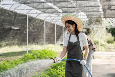 Genç bir kadın aktif olarak serada tarım yapıyor, sürdürülebilir tarım ve modern tarım teknikleri sergiliyor..