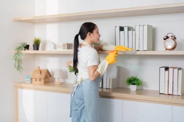 Bir kadın, temiz ve düzenli bir ev ortamının korunmasının önemini vurgulayarak rafların tozunu alıyor..