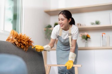 Kanepenin tozunu alırken bir kadın gülümsüyor, temizliğin ve ev konforunun önemini vurguluyor..