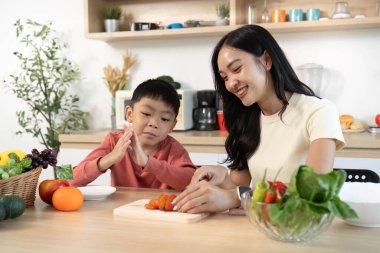 Bir anne ve oğul canlı bir yemek pişirme seansının keyfini çıkarırlar, taze sebzeler hazırlarlar ve sıcak bir mutfakta gülümsemelerini paylaşırlar..