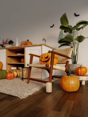 Sonbahar sezonunu kutlamak için süslü balkabaklarıyla çevrili rahat bir sandalyenin yer aldığı şenlikli bir mutfak sahnesi.