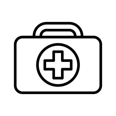 İlk yardım çantası simgesi. Beyaz arka planda siyah ilk yardım çantası simgesi. Vektör çizimi. İlk yardım çantasının doğrusal sembolü