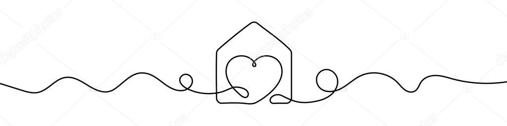 House sign in continuous line drawing style. Line art of house icon and heart shape. Vector illustration. Abstract background