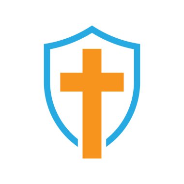 Kalkan simgesi. Kilise ikonu. Hristiyan haçı sembollü kalkan simgesi. Vektör illüstrasyonu.