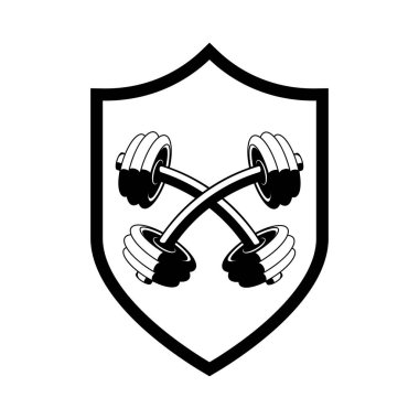Fitness logo design. Dumbbell and protection shield. Bodybuilding icon. Vector illustration.
