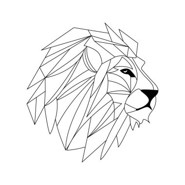 Aslan logosu tasarımı. Soyut siyah çokgen aslan başı. Sakin ol aslan surat. Vektör illüstrasyonu