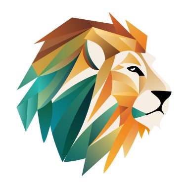 Aslan logosu tasarımı. Soyut renkli çokgen aslan başı. Sakin ol aslan surat. Vektör illüstrasyonu
