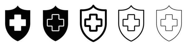 Ikony Lékařského Štítu Nastaveny Černý Štít Lékařským Křížem Uložit Ikonu — Stockový vektor