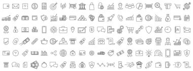 İş ikonları. Beyaz arka planda bir dizi siyah doğrusal iş simgesi. Ekonomi sembolleri. Vektör illüstrasyonu