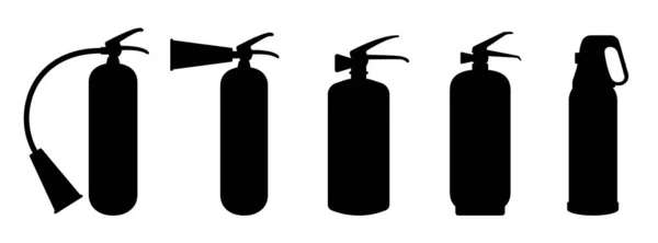 Brandblusser Pictogrammen Ingesteld Brandblusser Zwarte Pictogrammen Vector Illustratie Brandweeruitrusting — Stockvector