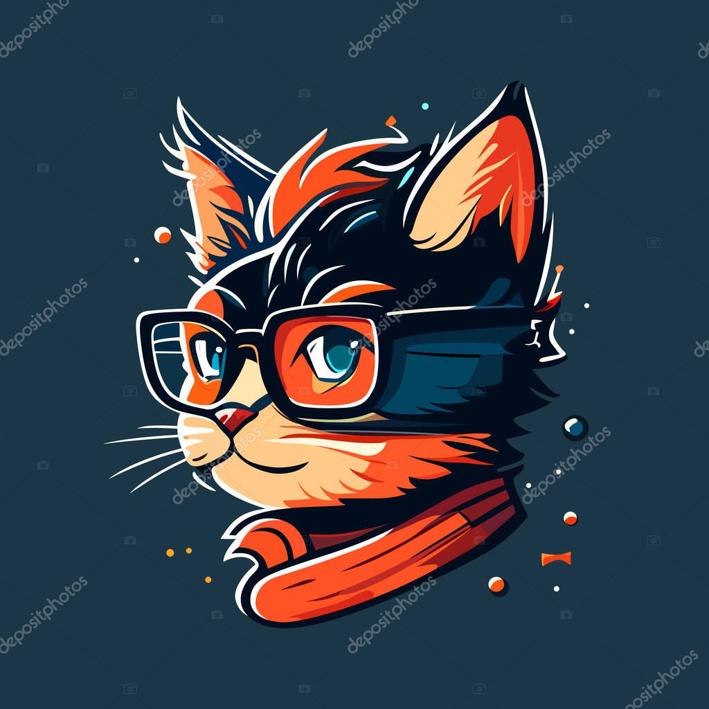 Cat head logo design. Abstract drawing of a cute cat head. Smart cat in glasses. Vector illustration