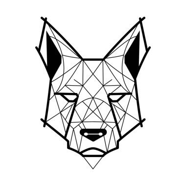 Köpek logosu tasarımı. Soyut siyah geometrik köpek kafası. Köpek suratlı çizim. Vektör illüstrasyonu